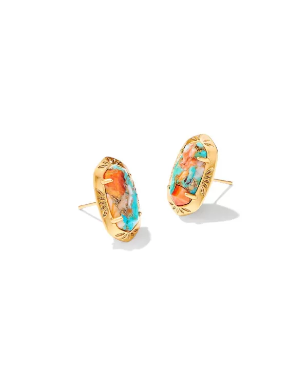 Ellie Vintage Gold Etch Frame Stud Earrings In Bronze Veined Turquoise Magnesite Red Oyster^Kendra Scott Online