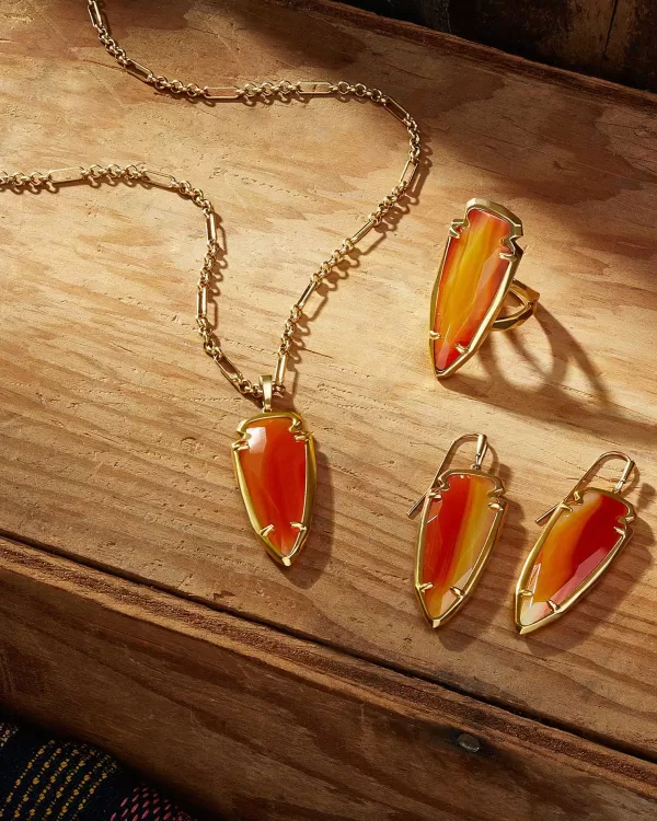 Skylar Vintage Gold Small Long Pendant In Orange Banded Agate^Kendra Scott Sale